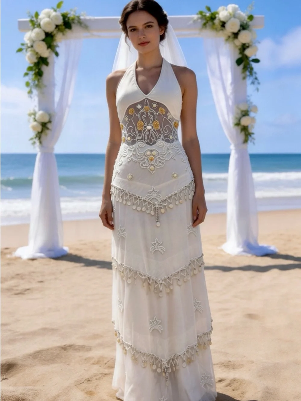 white beaded dress 1920s BABEYOND Off Shoulder Sequin Beaded Flapper Dress, Women Great Gatsby 1920s Party Dress, Champagne, Size 4XL main image 0